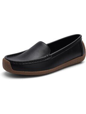 Women All Black Comfortable Leather Mocs Boat Walking Slip-On Loafer Flat Shoes